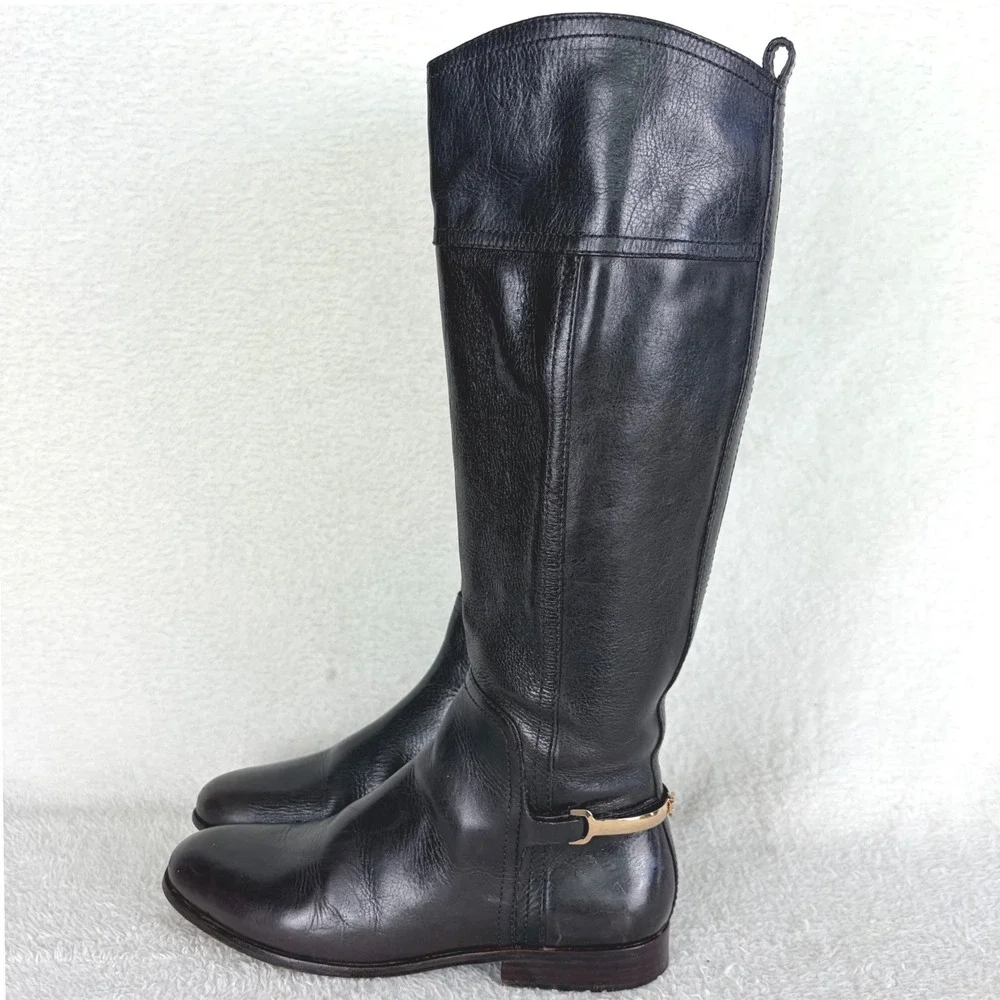 Tory Burch Jess Dark Brown Leather Knee High Riding Boots Gold‎ Horsebit 7.5M